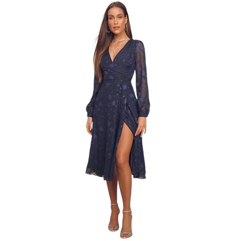Lulus Evening‎ of Elegance Floral Jacquard Wrap Midi Dress Navy S